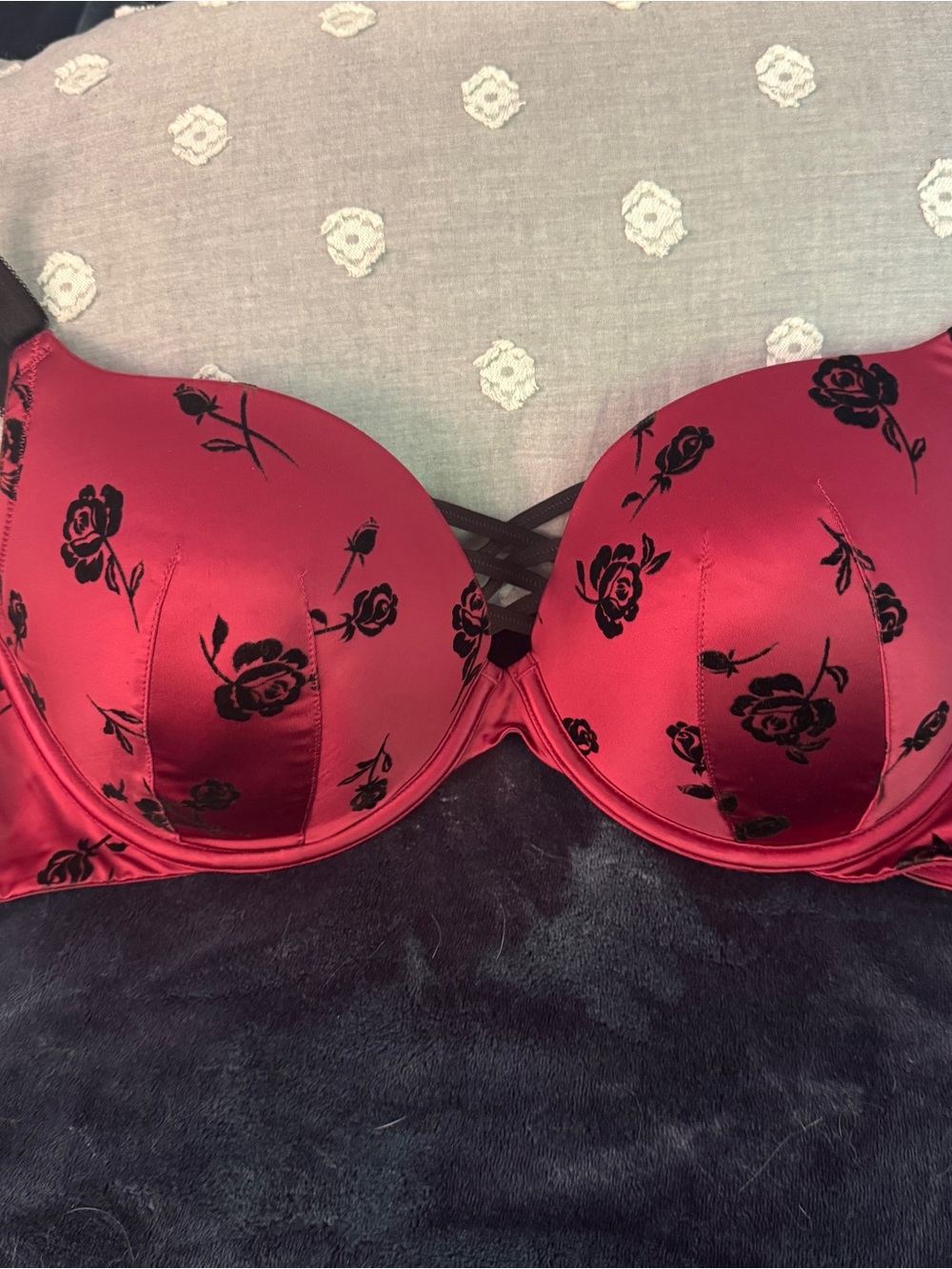 torrid Burgundy Satin Underwire Bra with Black Floral Velvet Print
